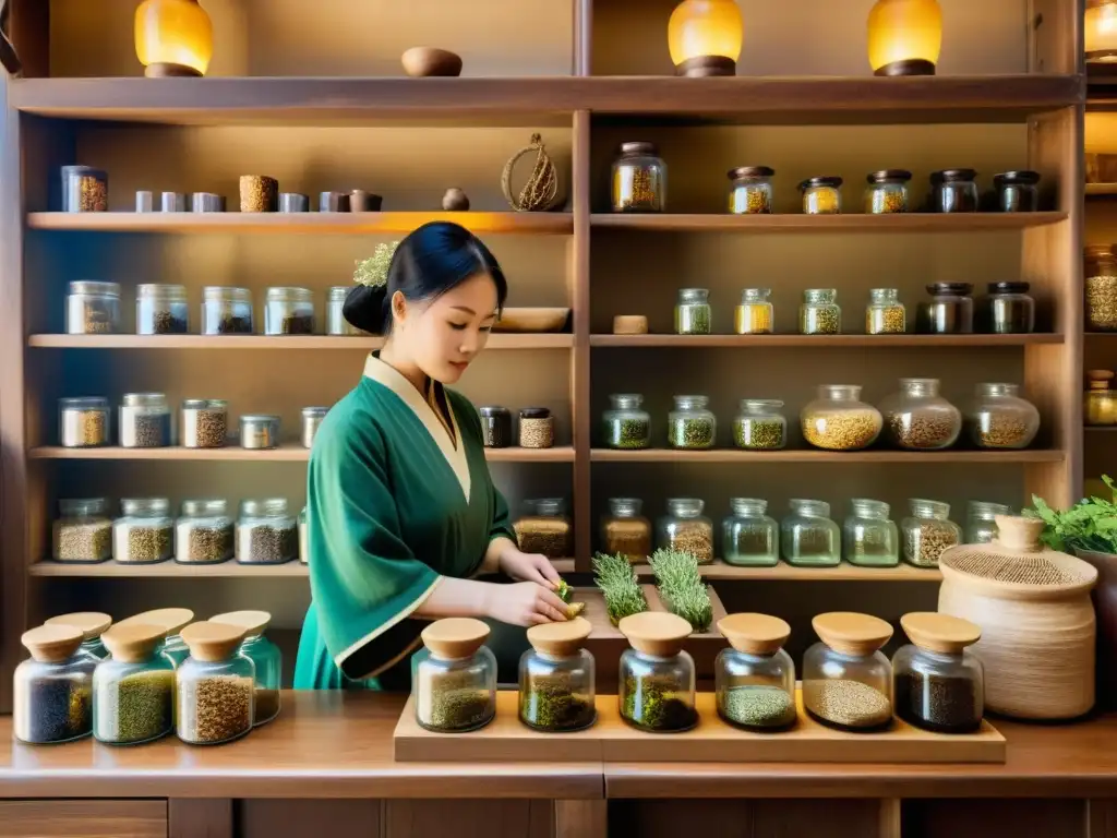 Una tienda de hierbas tradicional china con estantes de madera repletos de frascos de hierbas secas