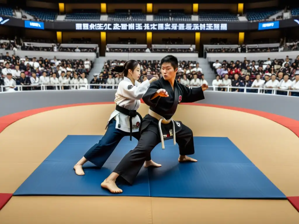 En el torneo de Hapkido, dos competidores ejecutan técnicas dinámicas y precisas, mientras la intensa atmósfera electriza al público