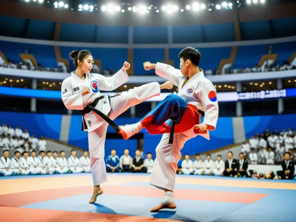 Torneo de Taekwondo unifica a Corea: atletas en combate y espectadores aplaudiendo, con banderas entrelazadas al fondo