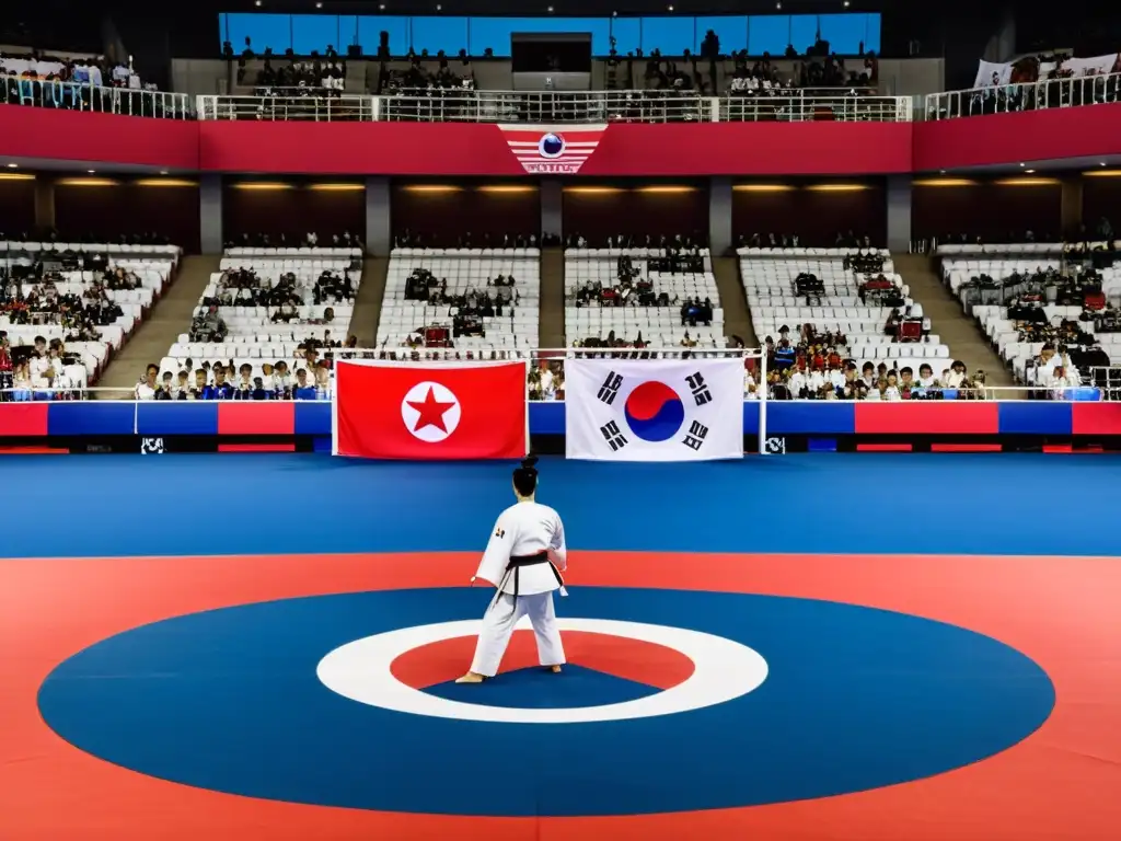 En el torneo de Taekwondo, dos practicantes se enfrentan, representando la unificación de Corea