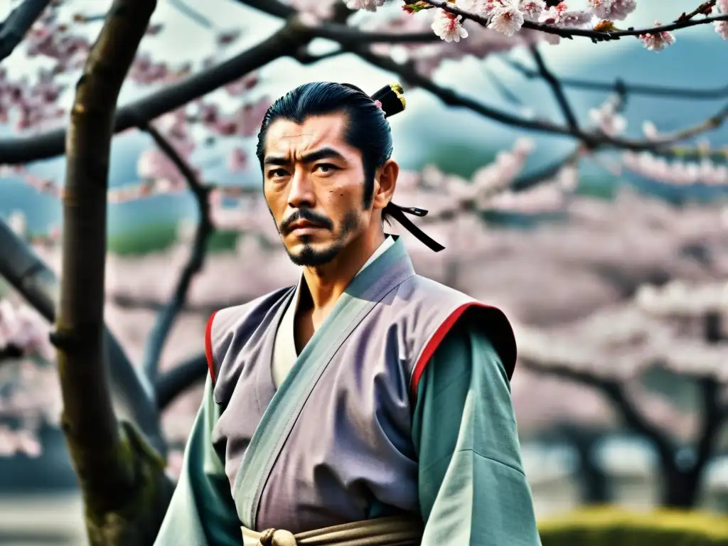 Toshiro Mifune, una influencia eterna en la cultura de las artes marciales, en un paisaje de cerezos en flor