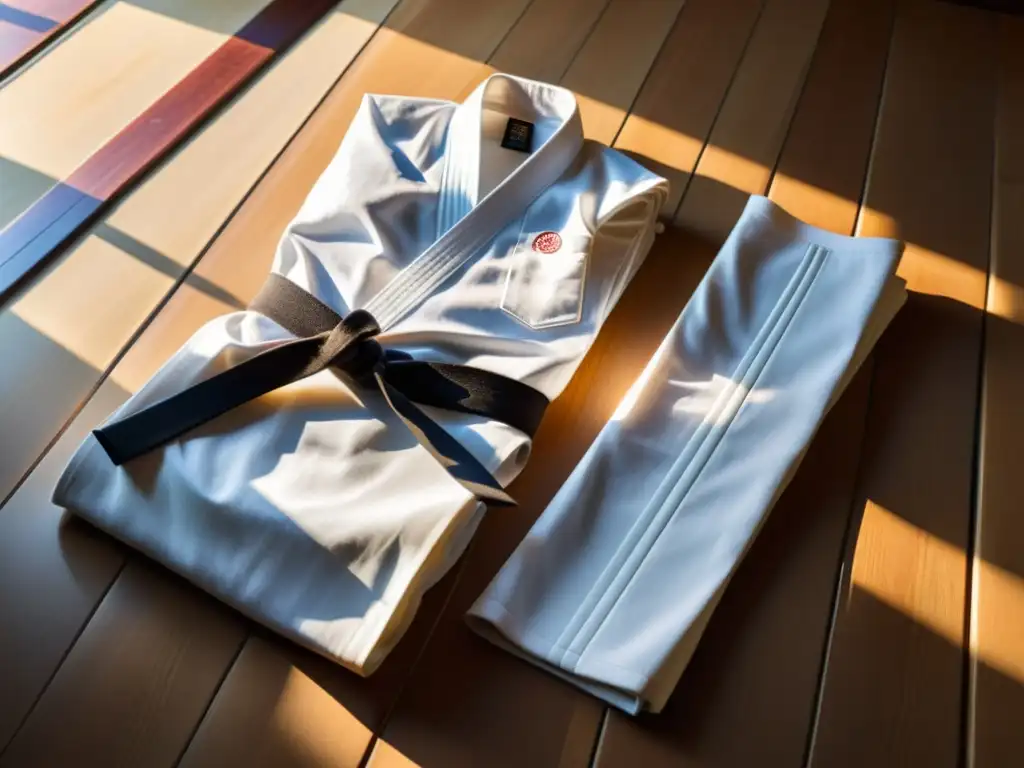 Un tradicional gi blanco de Aikido doblado sobre un suelo de dojo de madera, rodeado de armas de madera y bañado por la luz del sol