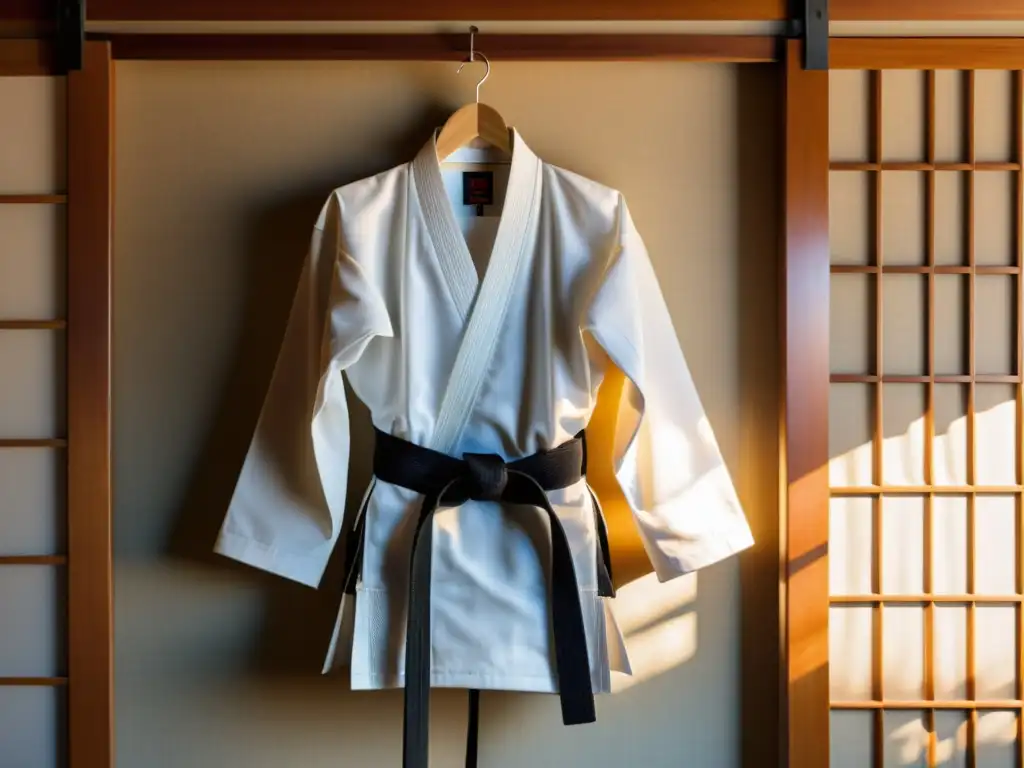 Un gi de karate tradicional colgado en un rack de madera en un dojo, evocando tranquilidad y reverencia por la tradición