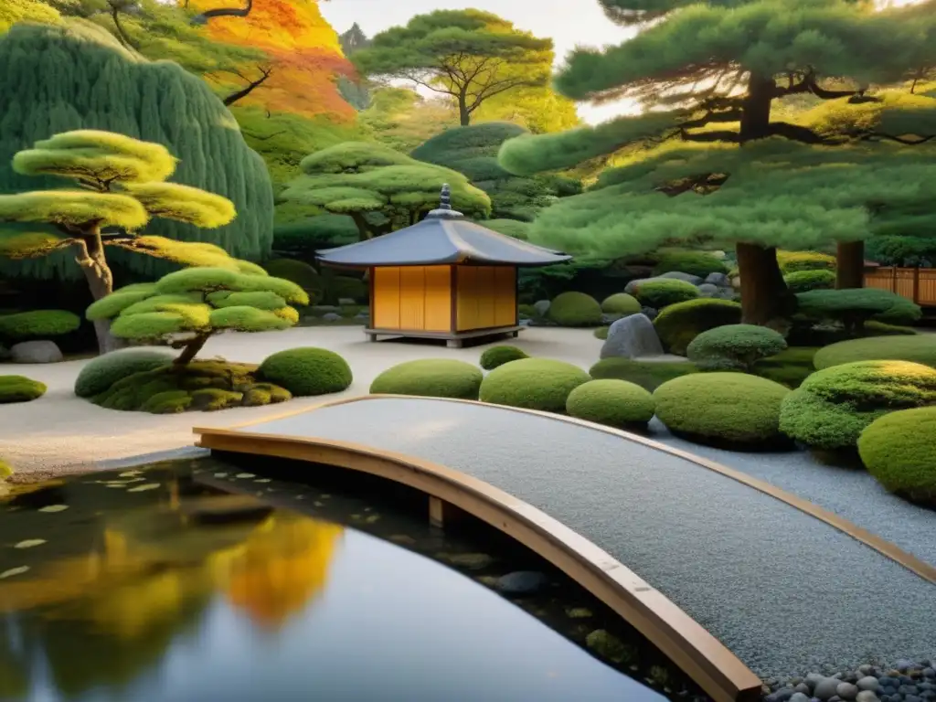 Un jardín japonés tradicional con un estanque sereno y un refugio de meditación, evocando La meditación en las artes marciales