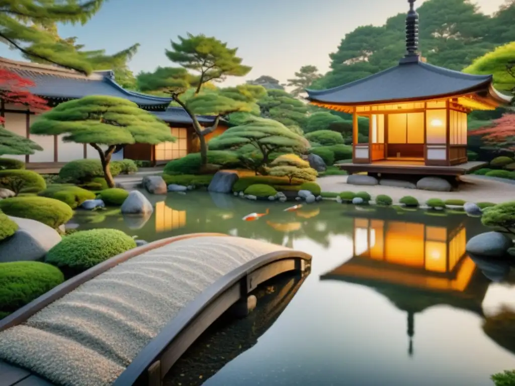 Un jardín japonés tradicional con un estanque tranquilo, peces koi y una pagoda de madera al fondo