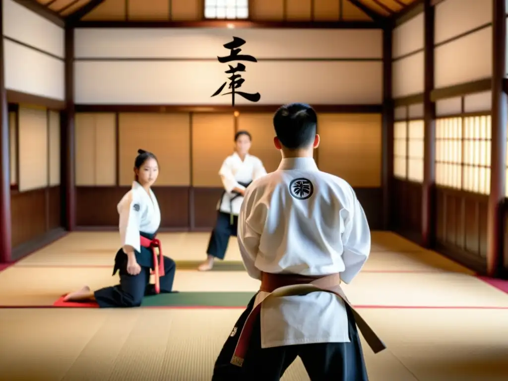 Una tradicional sala de artes marciales con estudiantes practicando técnicas bajo la guía del sensei