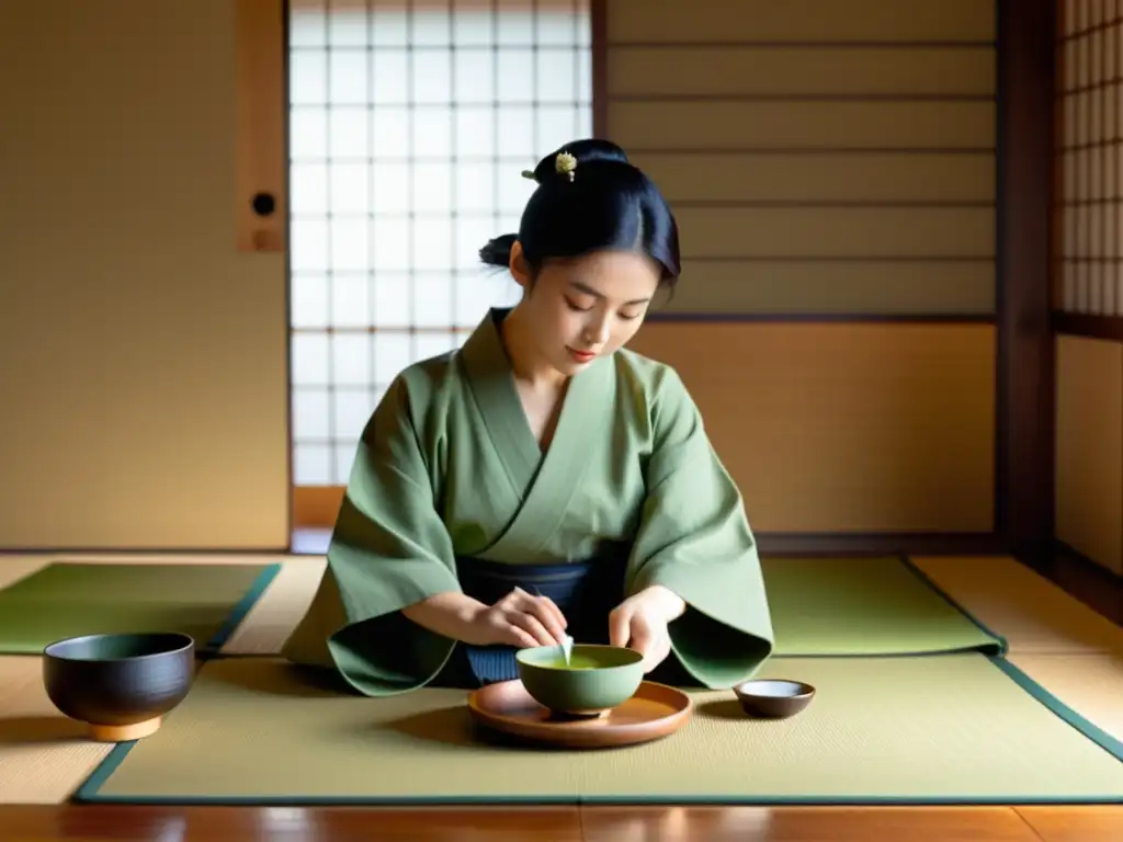 Una tranquila Ceremonia del Té y Aikido Japonesas en una sala de tatami, con un maestro de té vistiendo kimono y sirviendo matcha en tazas delicadas