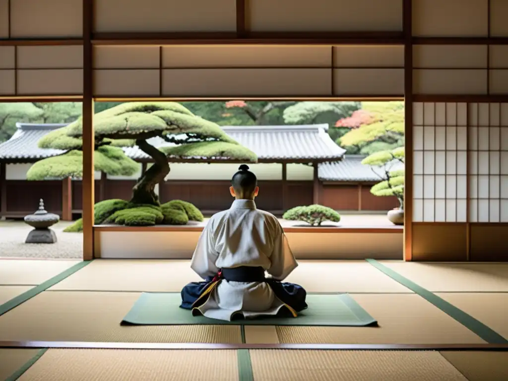 Meditación zen en el tranquilo dojo japonés, con artista marcial en profunda concentración