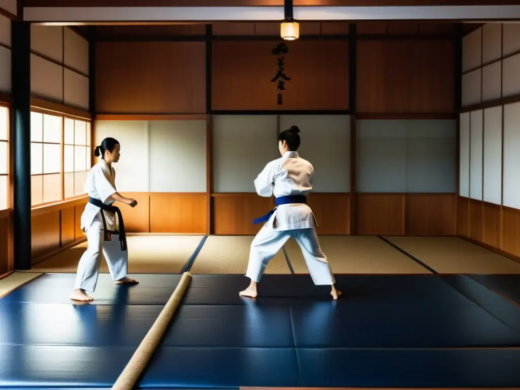 En el tranquilo dojo de karate, los practicantes ejecutan katas con precisión y disciplina bajo la atenta mirada del sensei