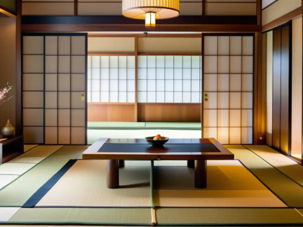 Un tranquilo y elegante comedor japonés con sushi y artistas marciales, reflejando la armonía y la nutrición para artes marciales