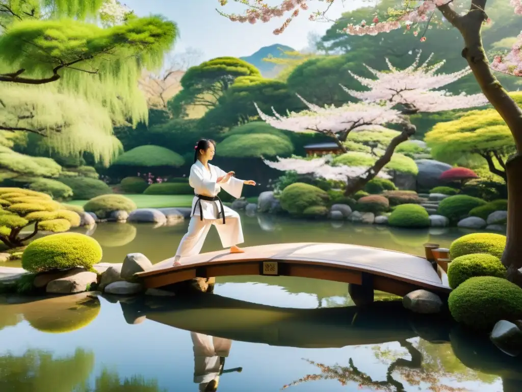 Un tranquilo jardín japonés con estudiantes de kárate practicando en un puente de madera rodeado de cerezos en flor