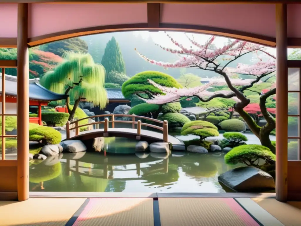 Un tranquilo jardín japonés con un puente de madera sobre un estanque con koi