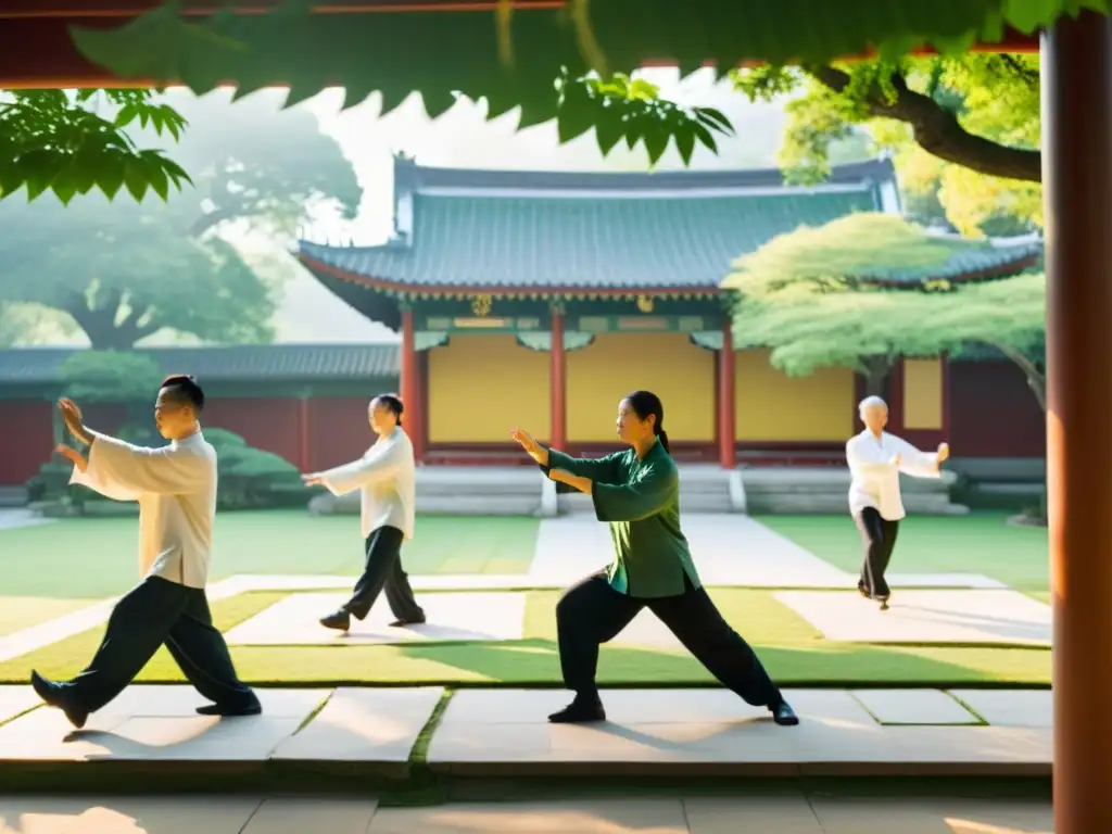 Un tranquilo patio con personas practicando Tai Chi en grupo, movimientos fluidos y un pagoda chino