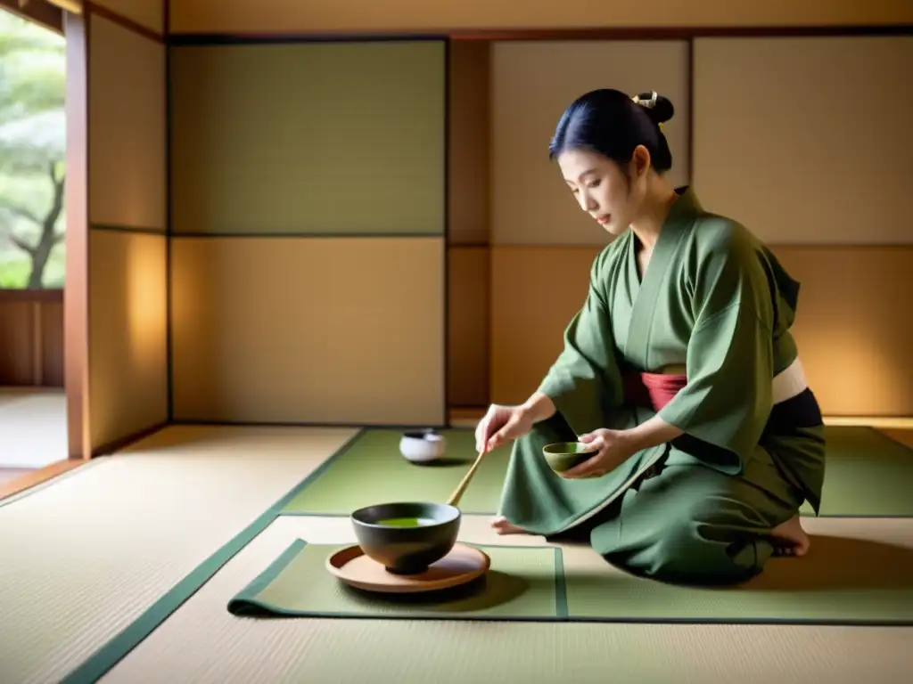 Un tranquilo salón de té japonés con suelo de tatami y puertas corredizas de papel