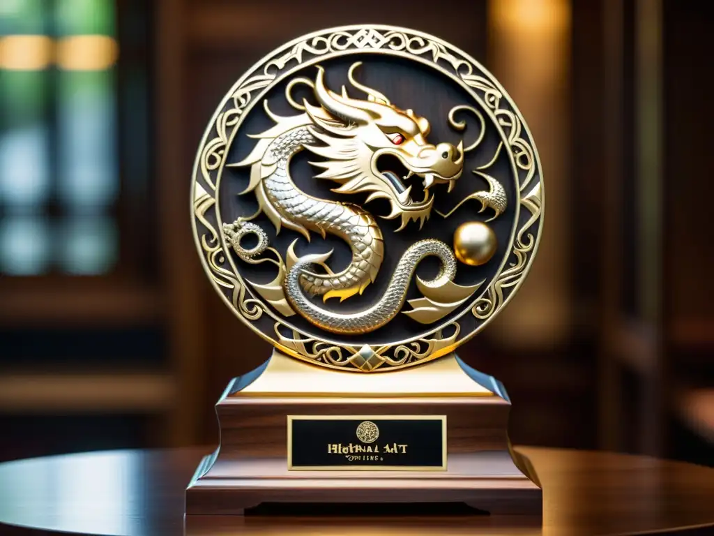 Trofeo de artes marciales en oro y plata con detalles de dragones, espadas y yin yang