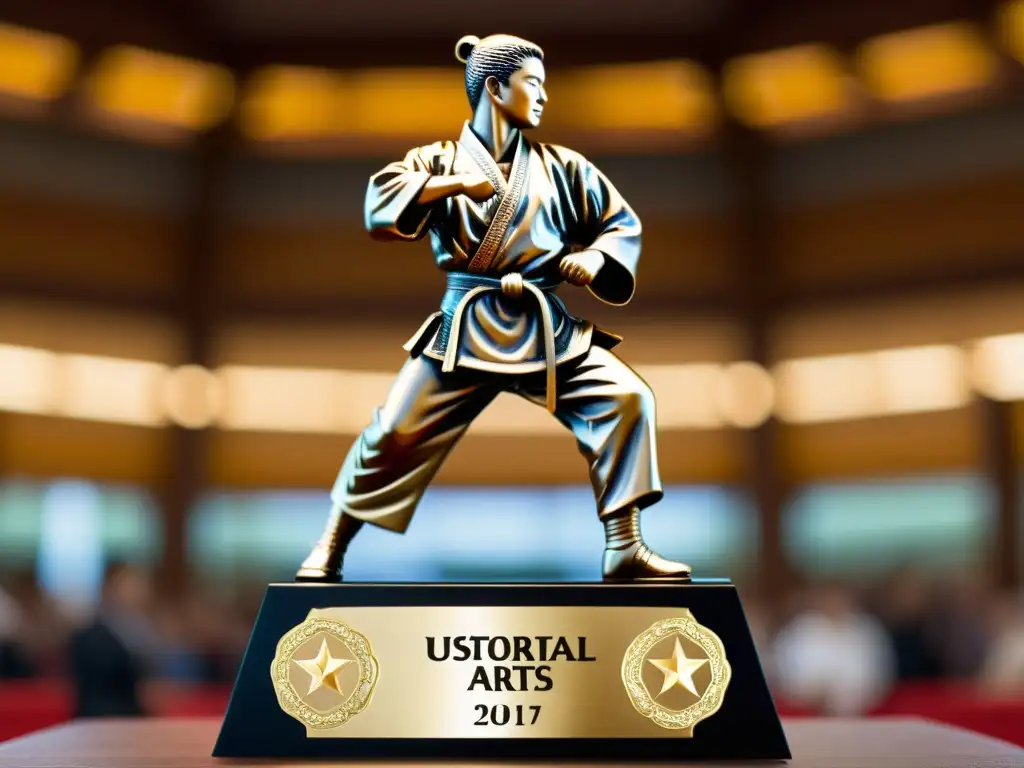 Trofeo personalizado de artes marciales con detalles de metal pulido, grabados y pose dinámica, en un ambiente de competencia