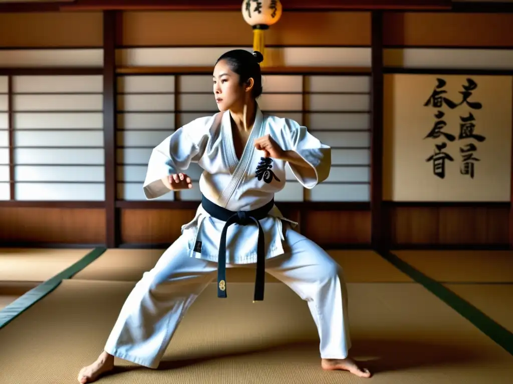 Kanbun Uechi ejecuta kata con precisión en un dojo tradicional de Uechiryu Karatedo, reflejando disciplina y concentración