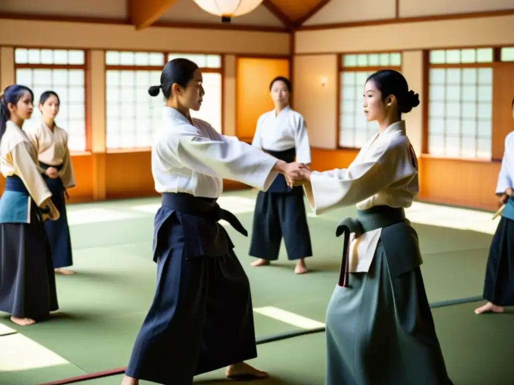 Unidos en Aikido: estudiantes diversos practican movimientos fluidos en un centro comunitario, mostrando integración y empoderamiento