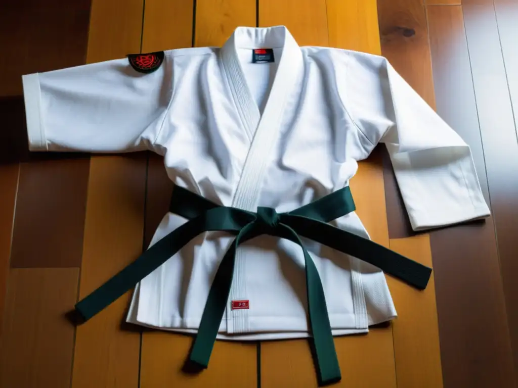 Un uniforme de karate blanco, impecable, con detalles de costura y el cinturón atado