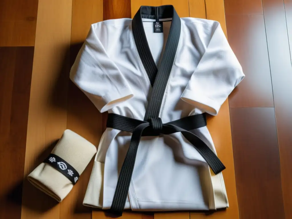 Un uniforme de karate tradicional y un cinturón negro doblado sobre él, transmitiendo tradición y disciplina