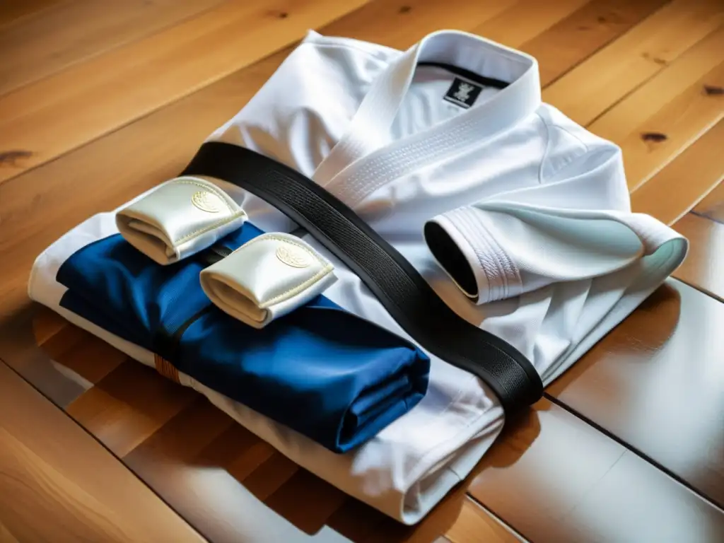 Un uniforme contemporáneo de karate en un suelo de madera pulida