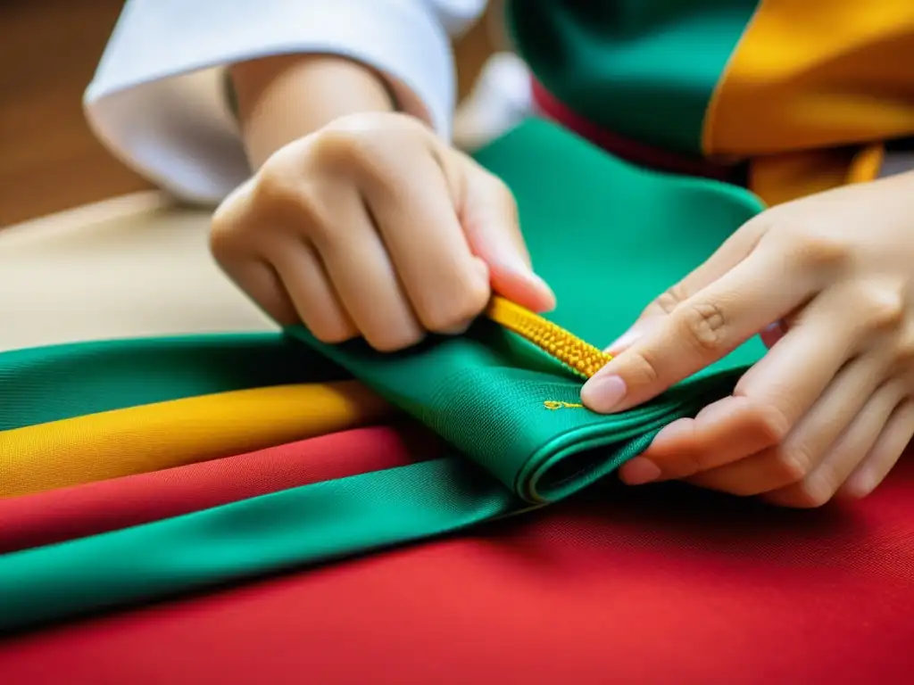 Un uniforme de entrenamiento para niños siendo cuidadosamente cosido a mano, destacando la calidad y atención al detalle en su fabricación