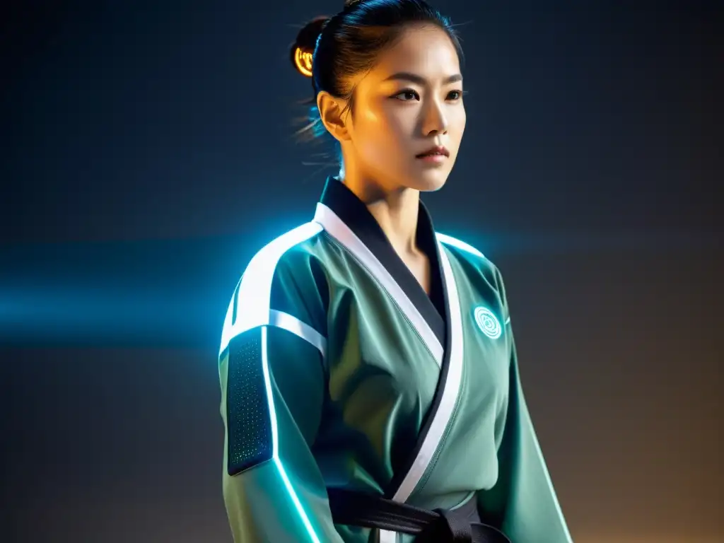 Uniforme inteligente artes marciales: imagen 8k de uniforme moderno con tecnología LED integrada y tejido adaptable que fusiona tradición y tecnología