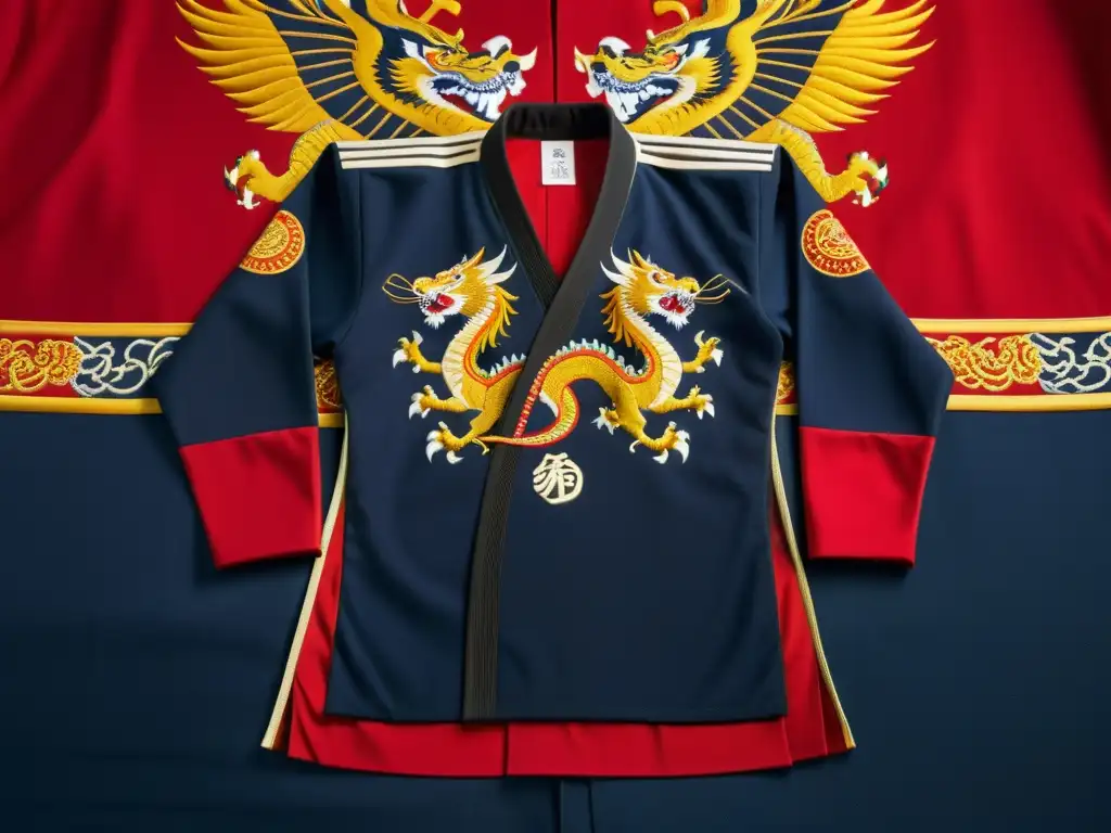 Un uniforme tradicional de artes marciales con intrincados detalles de dragones y tigres, simbolizando fuerza y valentía