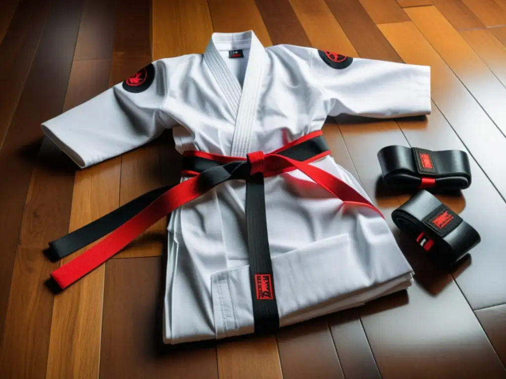 Un uniforme de karate blanco tradicional con cinturones negros y rojos perfectamente doblados en un suelo de madera