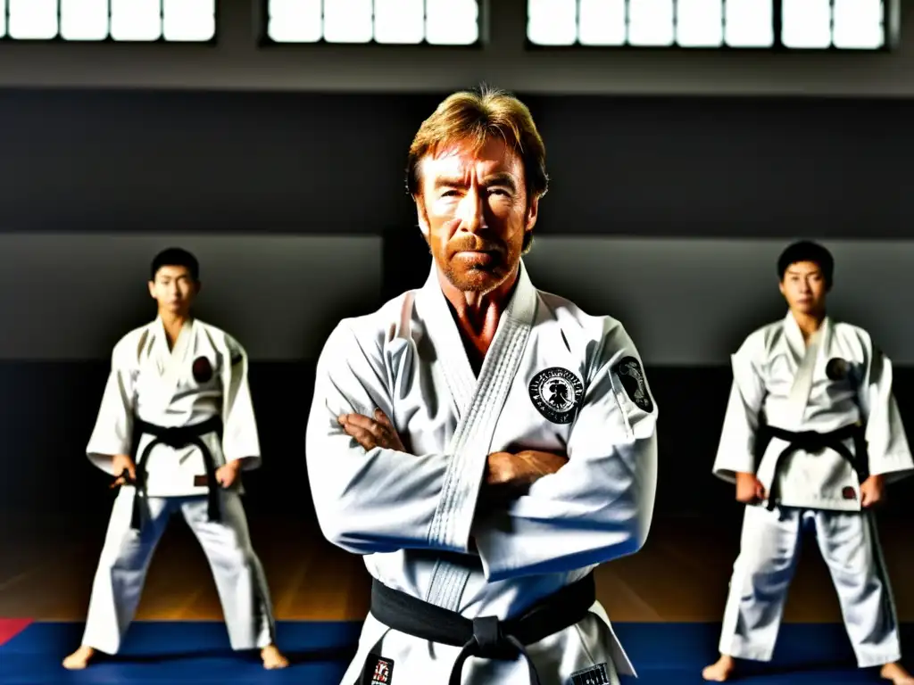 Chuck Norris, en uniforme tradicional, ejecuta un lado en un dojo soleado