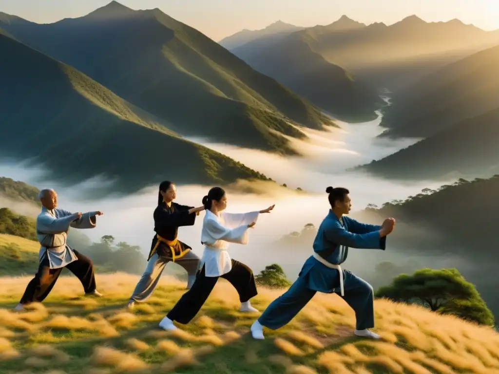 Práctica de tai chi al amanecer en un valle montañoso cubierto de neblina