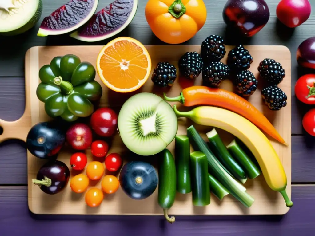 Deliciosa variedad de frutas y verduras recién cortadas Una variedad colorida de frutas y verduras frescas, cortadas y dispuestas en una tabla de cortar de madera