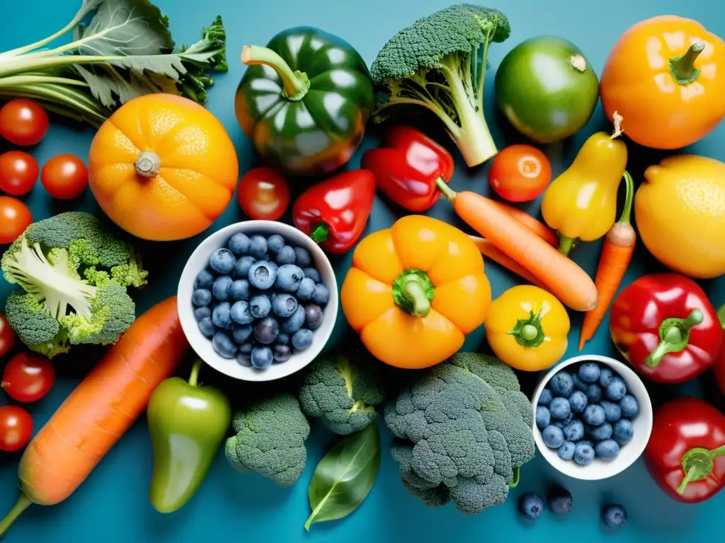 Una variedad colorida de frutas y verduras frescas, vibrantes y saludables para el desempeño en Taekwondo