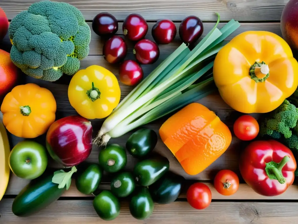 Una variedad de frutas y verduras coloridas en una mesa rústica, resaltando la importancia de vitaminas postcombate