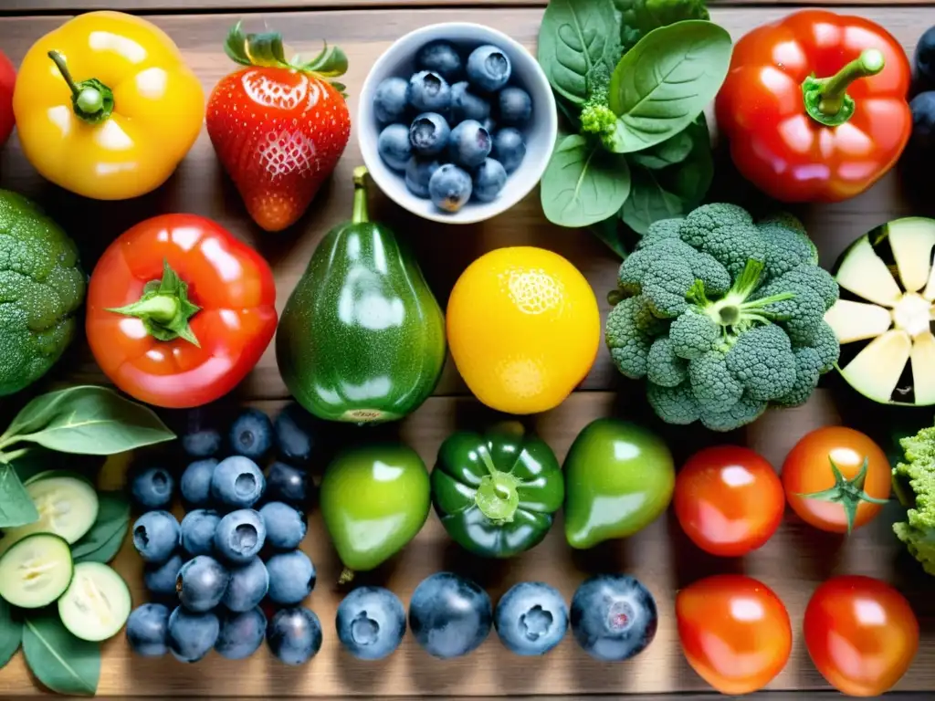 Una variedad de frutas y verduras coloridas y frescas, dispuestas en filas sobre una mesa de madera