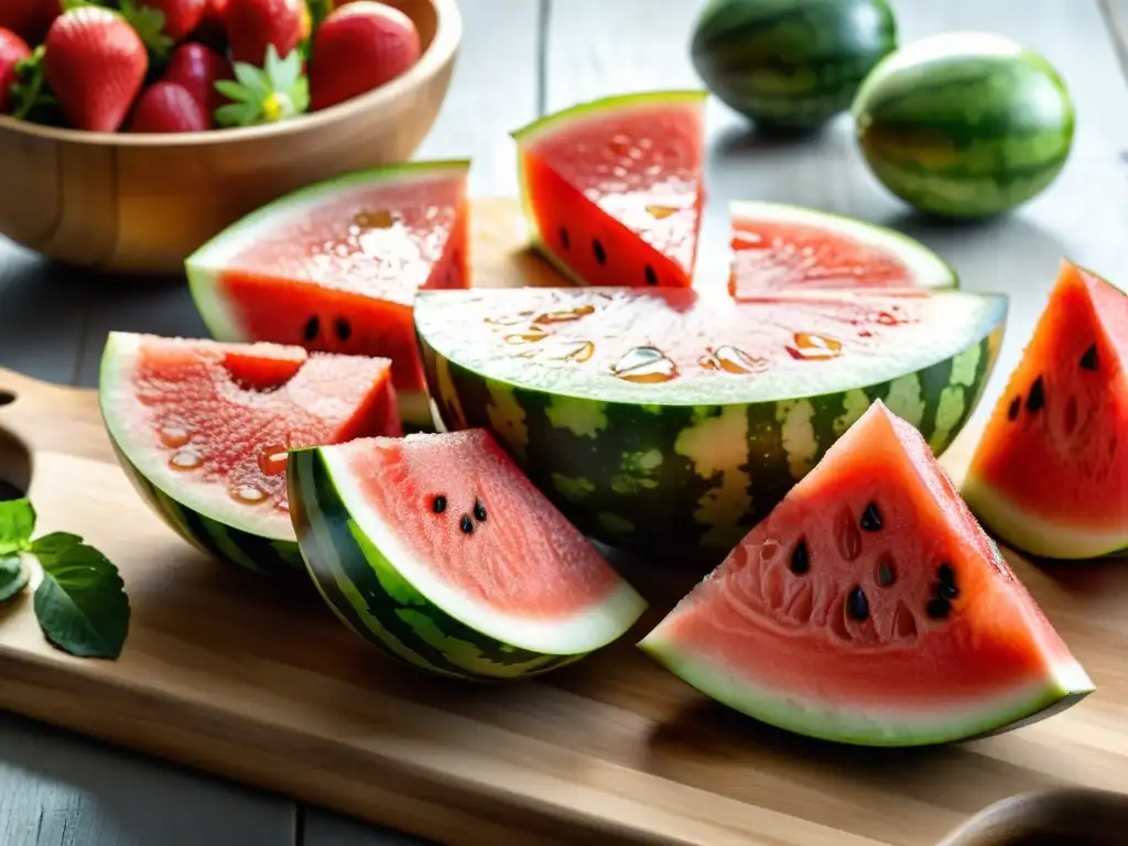 Variedad de frutas y verduras frescas en tabla de madera, resaltando su hidratación