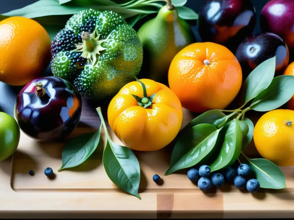 Variedad de frutas y verduras frescas en tabla de madera, con colores vibrantes y detalles detallados