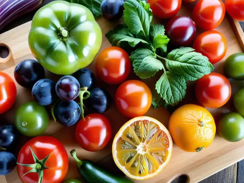 Una variedad de frutas y verduras vibrantes en una tabla de cortar de madera, evocando la importancia de los microbiomas en artes marciales