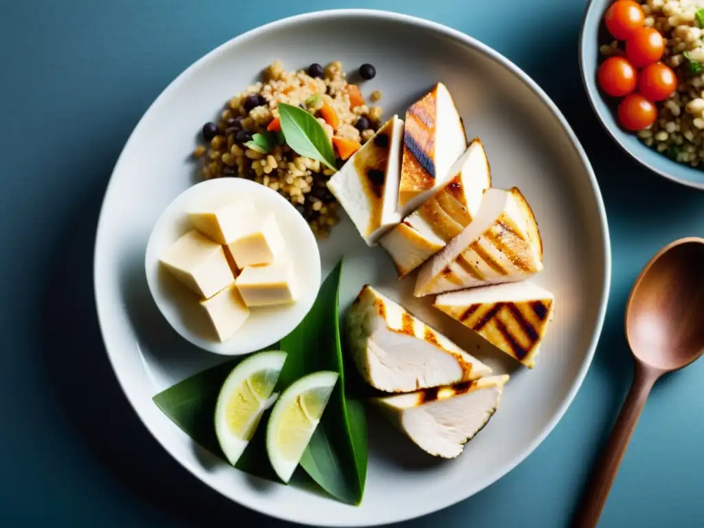 Una variedad de fuentes de proteínas como pechuga de pollo, tofu, lentejas y quinua, en un plato vibrante