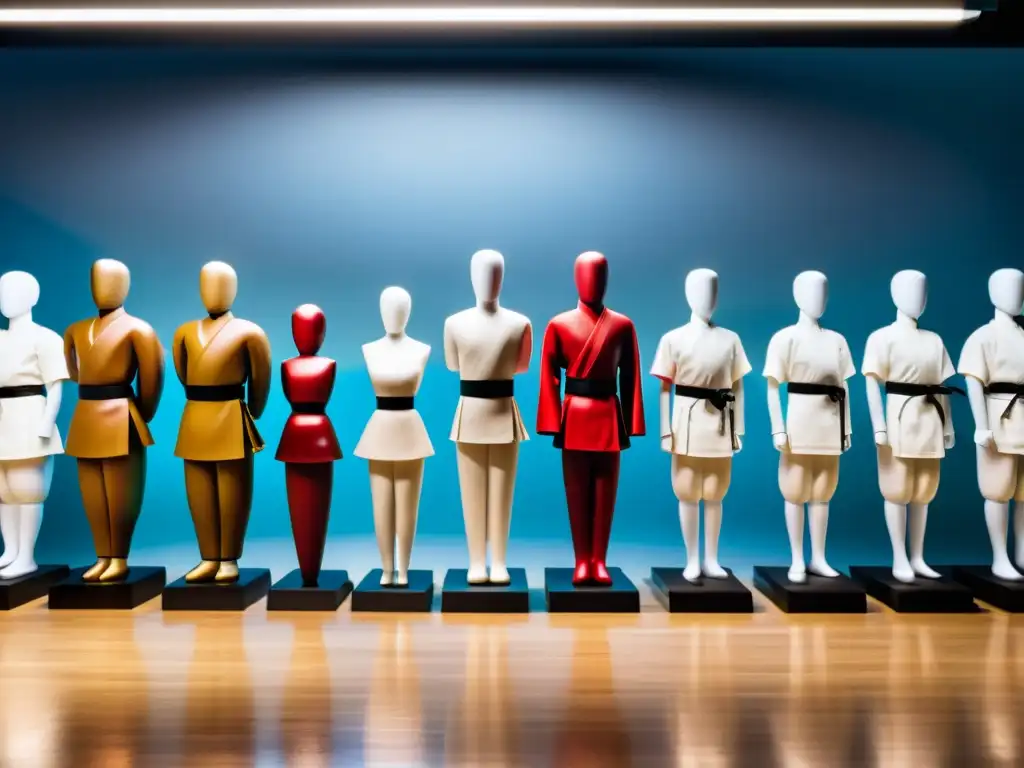 Una variedad de dummies y maniquíes de entrenamiento de artes marciales, cada uno representando una disciplina diferente, en un estudio bien iluminado