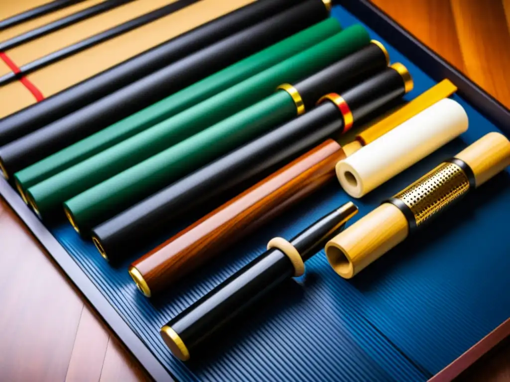 Variedad de nunchakus exhibiendo texturas y detalles, sobre un tatami japonés