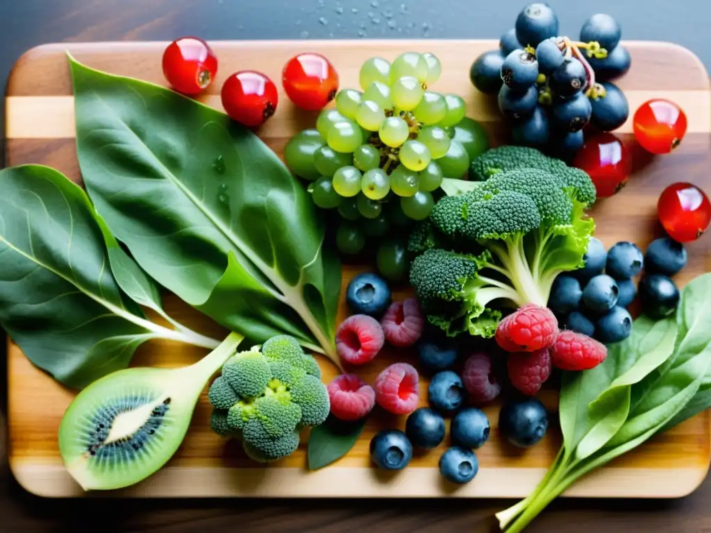 Una variedad vibrante de alimentos ricos en nutrientes sobre tabla de madera, resaltando frescura y vitalidad