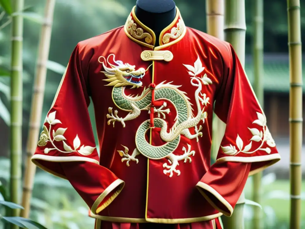 Vestuario competencias Wushu tradición: uniforme Wushu rojo y dorado con dragones bordados, en un jardín de bambú sereno
