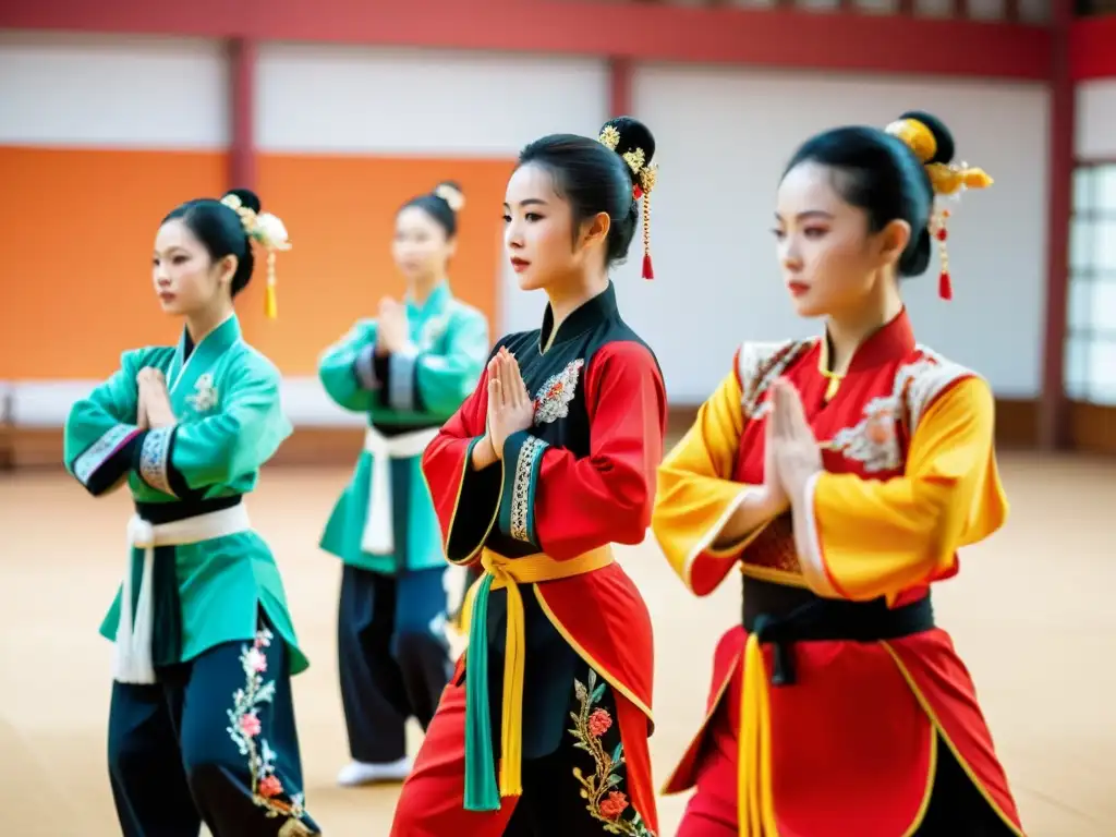 Vestuario vibrante y tradicional de competencias Wushu en un estudio decorado, evocando gracia y determinación en los practicantes