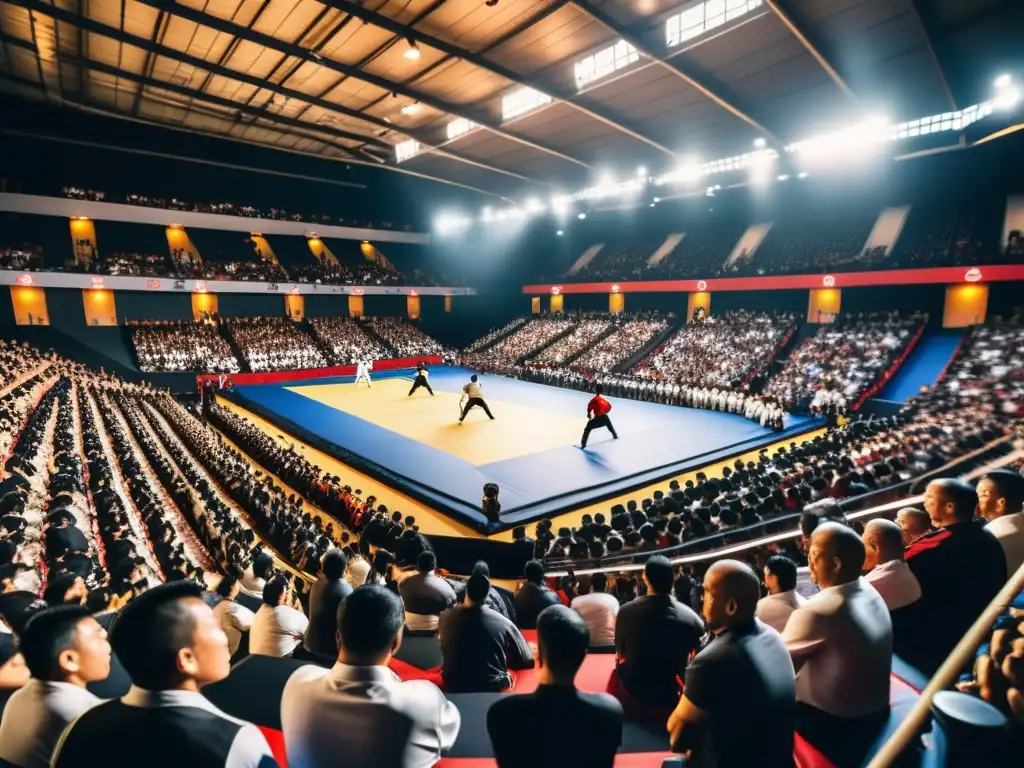 Vibrante arena de artes marciales con emocionantes combates y entusiastas aficionados, ideal para promoción eventos artes marciales streaming