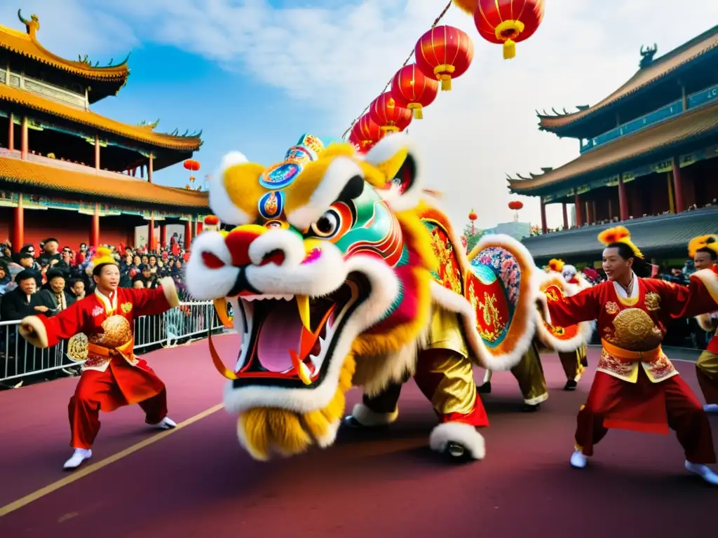 Un vibrante baile tradicional de león y dragón durante el Año Nuevo Chino, con trajes coloridos y detallados, maniobrados por artistas marciales