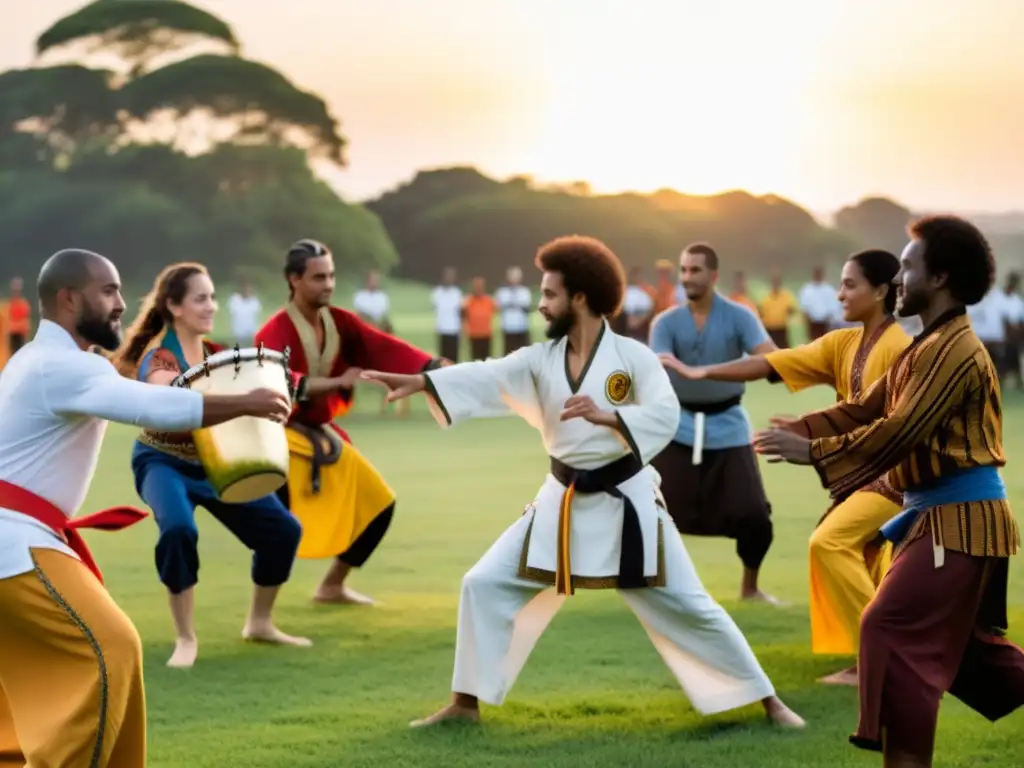 Un vibrante círculo de capoeira al atardecer, muestra la unión de comunidades en un puente cultural