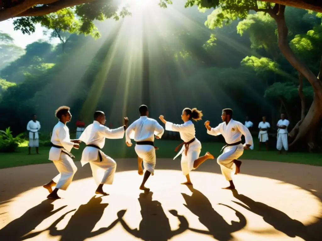 Un vibrante círculo de practicantes de Capoeira Angola, desplegando su destreza en un escenario lleno de energía y tradición afrobrasileña