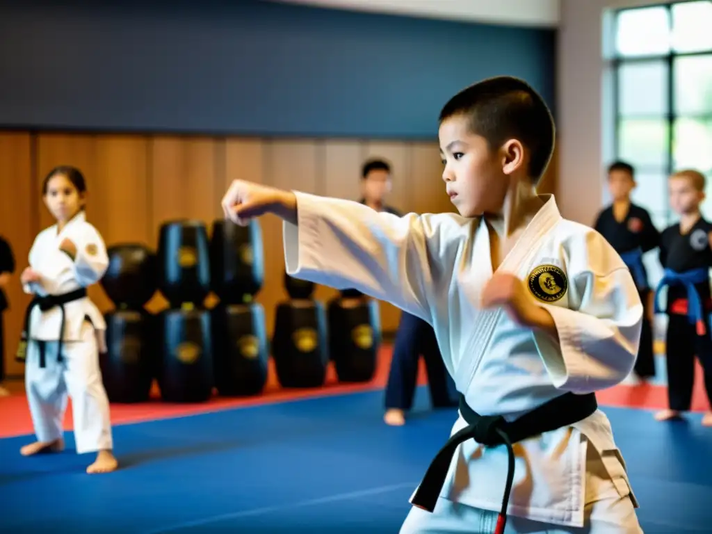 Vibrante clase de artes marciales para niños con adaptaciones para clases de artes marciales infantiles en un estudio amplio y luminoso