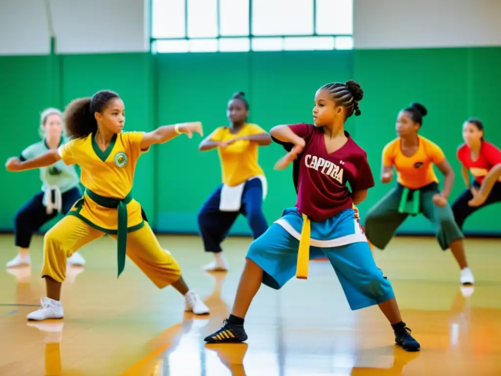 Vibrante clase de capoeira para jóvenes en educación física: energía, disciplina y creatividad en acción